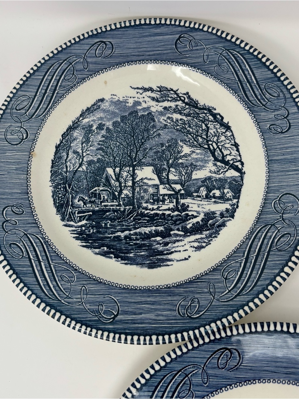 Currier & Ives Royal Blue 10" Dinner Plates Set of 3 Vintage Old Grist Mill USA - Picture 4 of 11